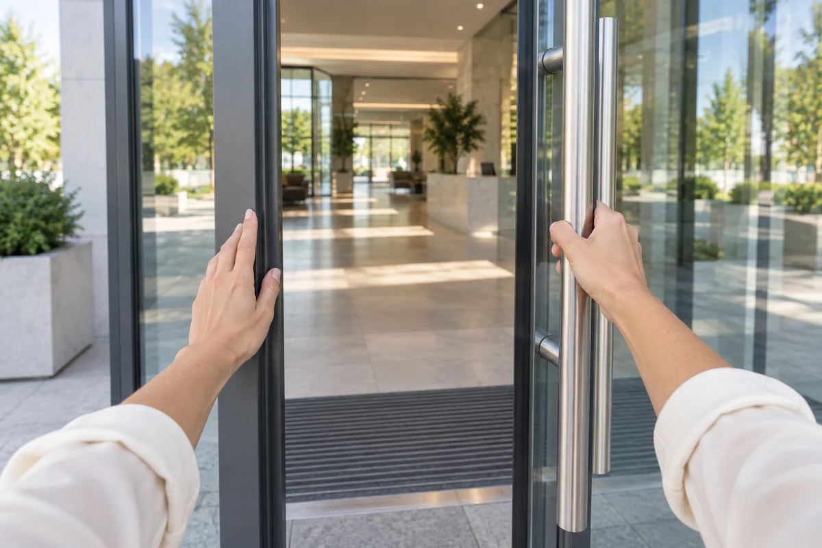 Vue à la première personne : des mains ouvrent une porte du bâtiment, comme si le spectateur entrait lui-même.